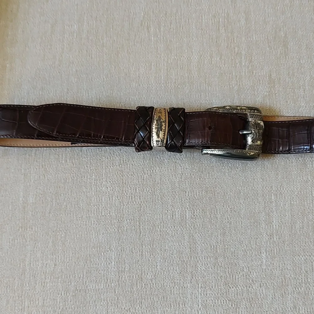 Brighton Croc Embossed Brown Leather Belt Silver Tone Buckle Size L